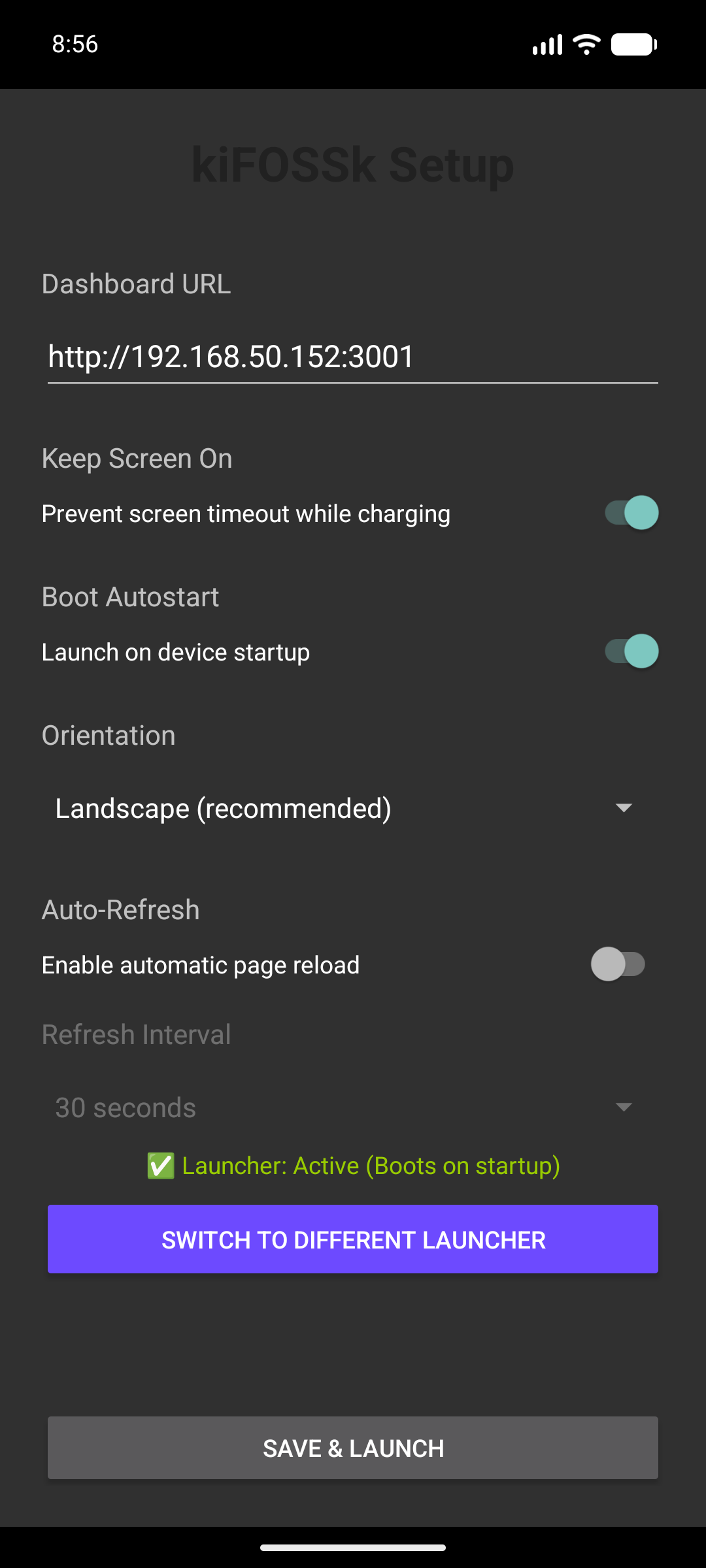 Minimal settings interface with URL input and orientation options, zero bloat